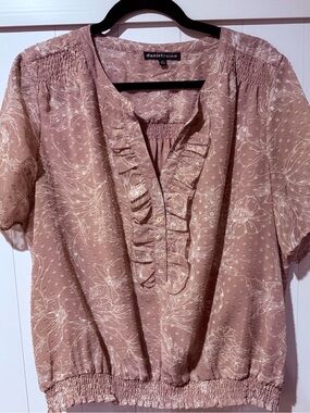 Daniel Rainn Dusty Mauve Floral Ruffle V-Neck Blouse